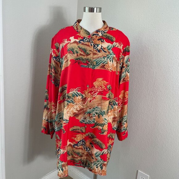 Citron Santa Monica Womens Plus 2X Mandarin Collar Asian Print Tunic Top Blosue - Picture 1 of 12